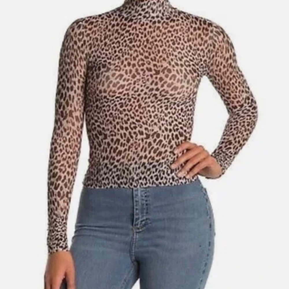 Love Fire Sheer Leopard Print Mesh Mock Neck Turtleneck Top XS Y2K